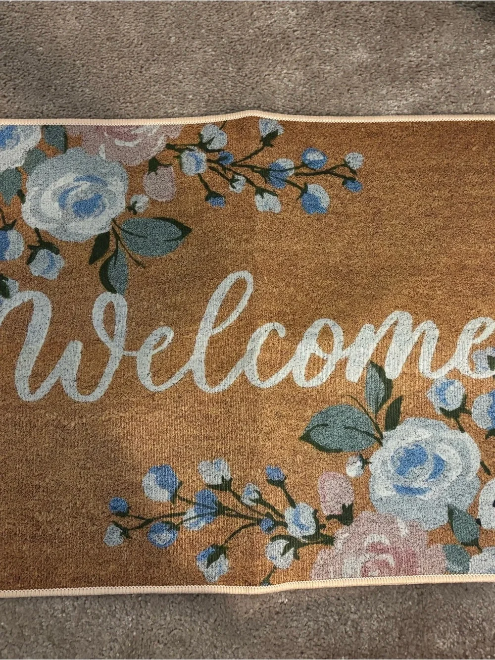 Coir 'Welcome' Doormat with Pastel Floral Accents - Brown
